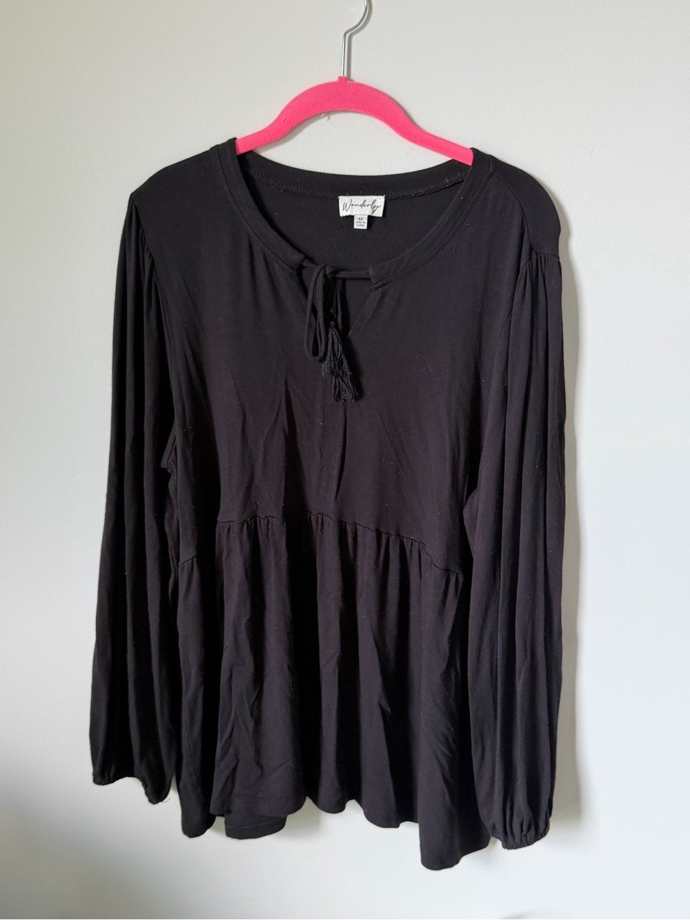 Wonderly Black Tie-Front Peasant Tunic Top